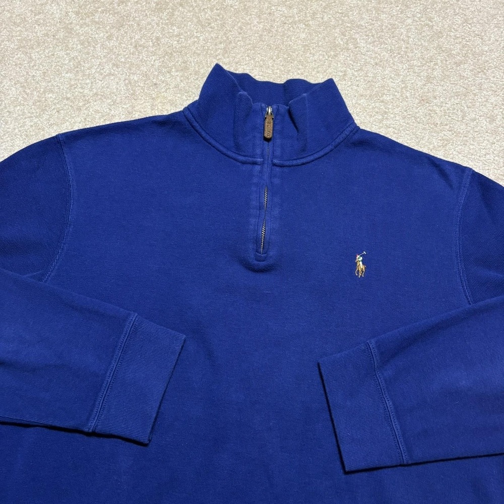 Polo Ralph Lauren Sweater Mens Large Blue Estate Rib 1/4 Zip Pullover Mock Neck